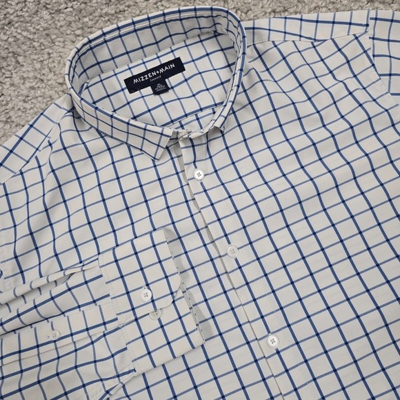 Mizzen Main Shirt Men XL White Blue Check Leeward Button Trim Fit Stretch Office - Picture 1 of 11